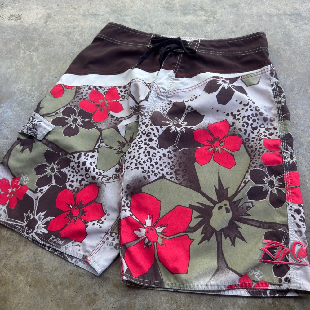 Vintage Y2K Rip Curl Floral Leopard Surfwear Board Shorts Brown 32 (j2)